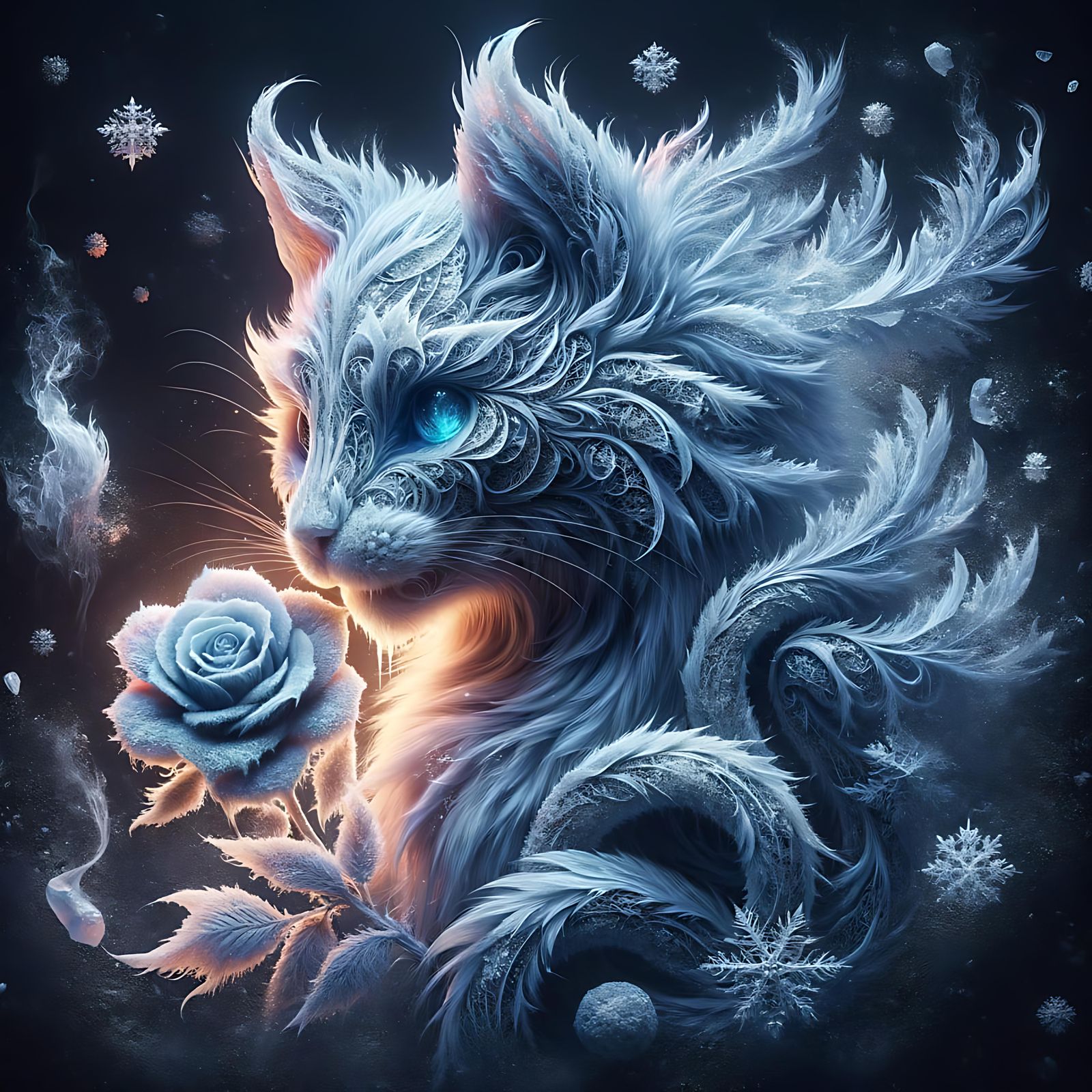 Icy Feline with Rose in Noir Winter Setting