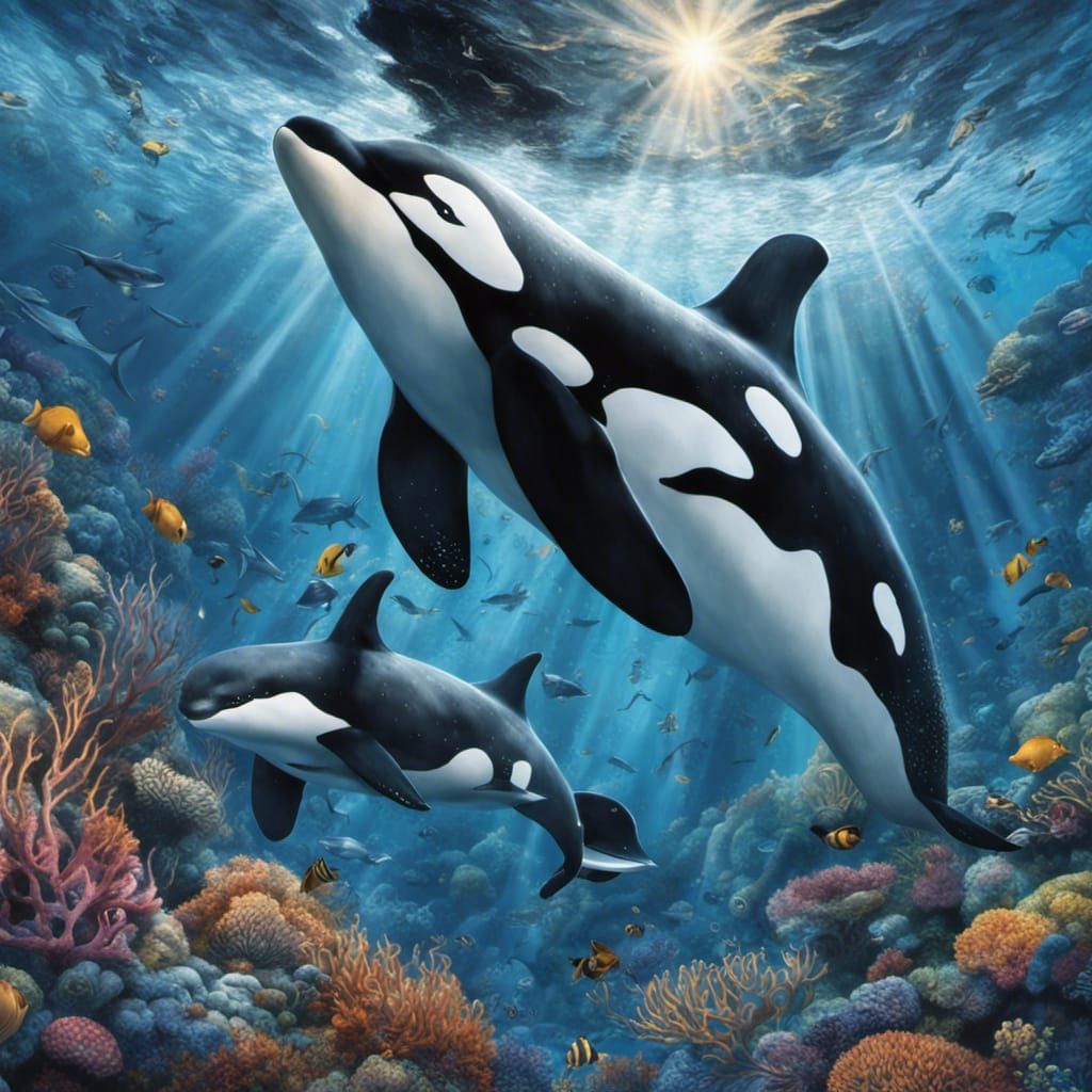Photorealistic Orcas and Coral Reef Underwater Scene