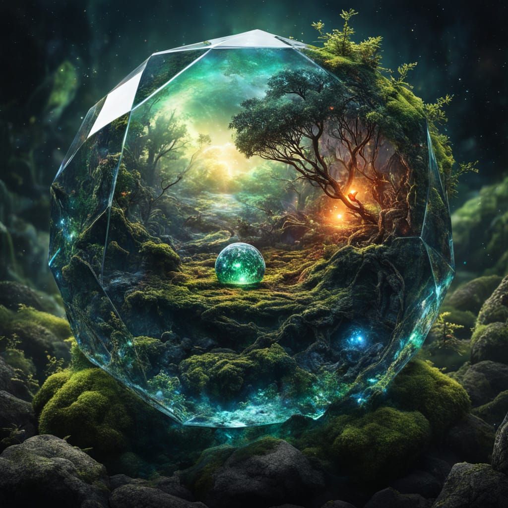 Surreal Glass Dodecahedron in Enchanted Galaxy Forest
