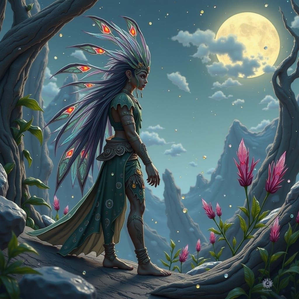 Majestic Tribal Fae Chieftain in Moonlit Clearing