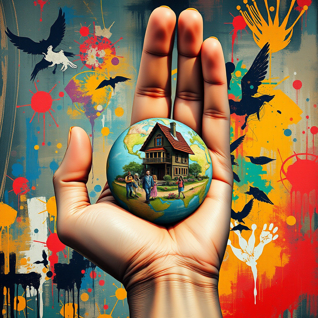 Giant Hand Protecting Earth in Surrealist Style