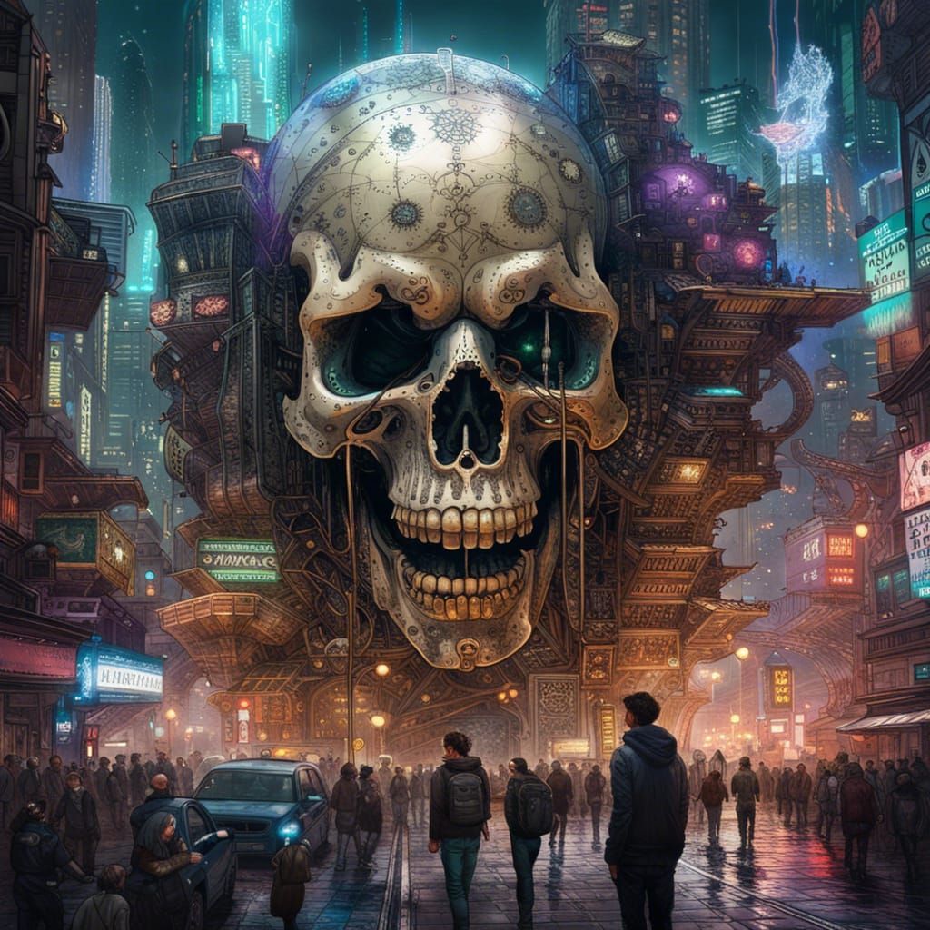 Cyberpunk City Inside Glowing Skull: Fantasycore Art