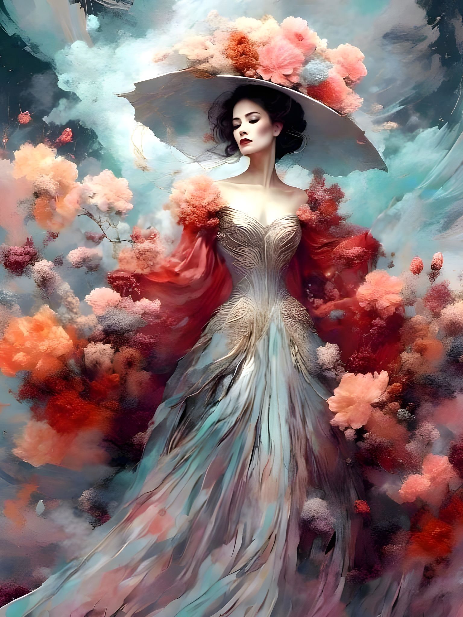 Elegant Woman in Snowstorm with Floral Bouquet