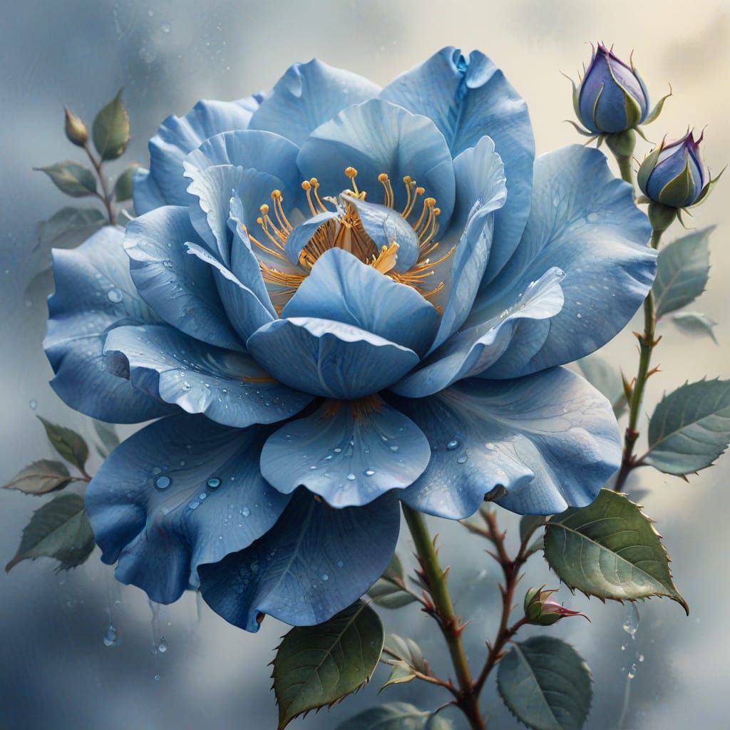 Ethereal Blue Tea-Rose Blossom Watercolour Painting