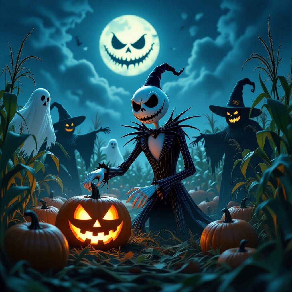 Jack Skellington Harvests Pumpkins in Moonlit Maze
