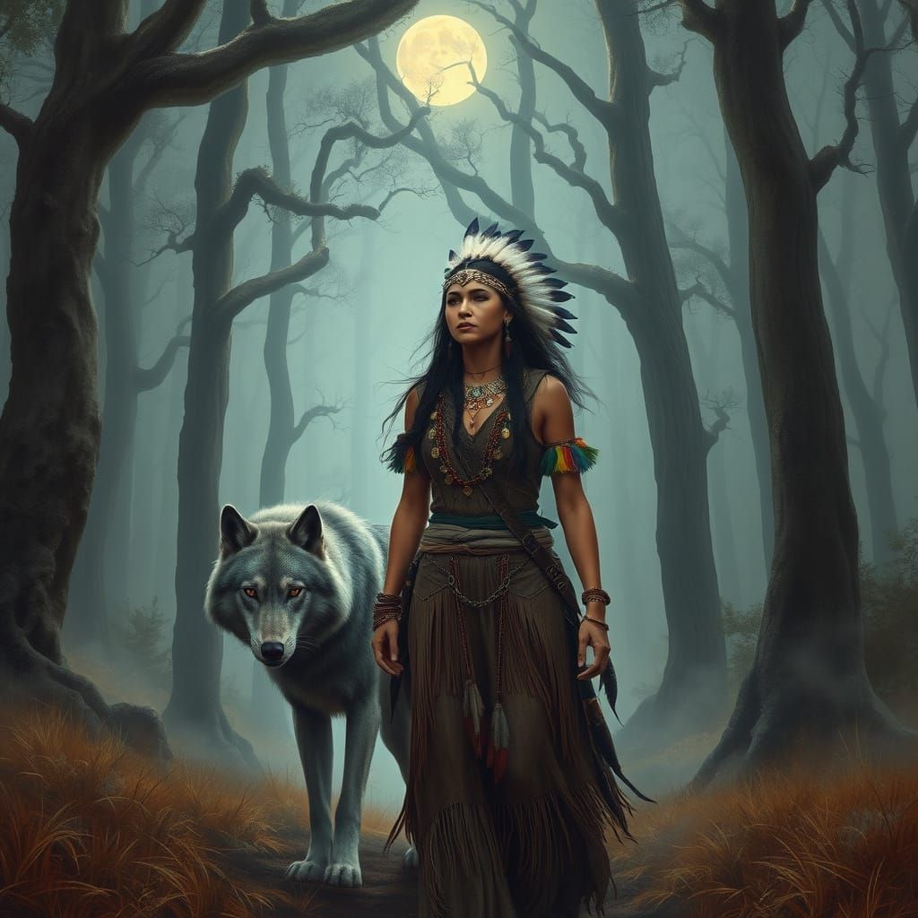 Majestic Woman and Wolf in Mystical Forest Landscape