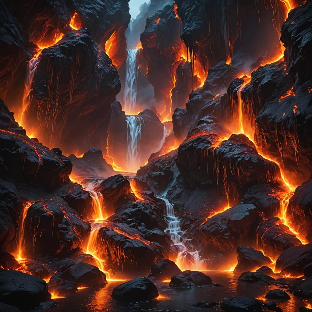 Mystic Cave with Lava Waterfalls in Ethereal Fantasy