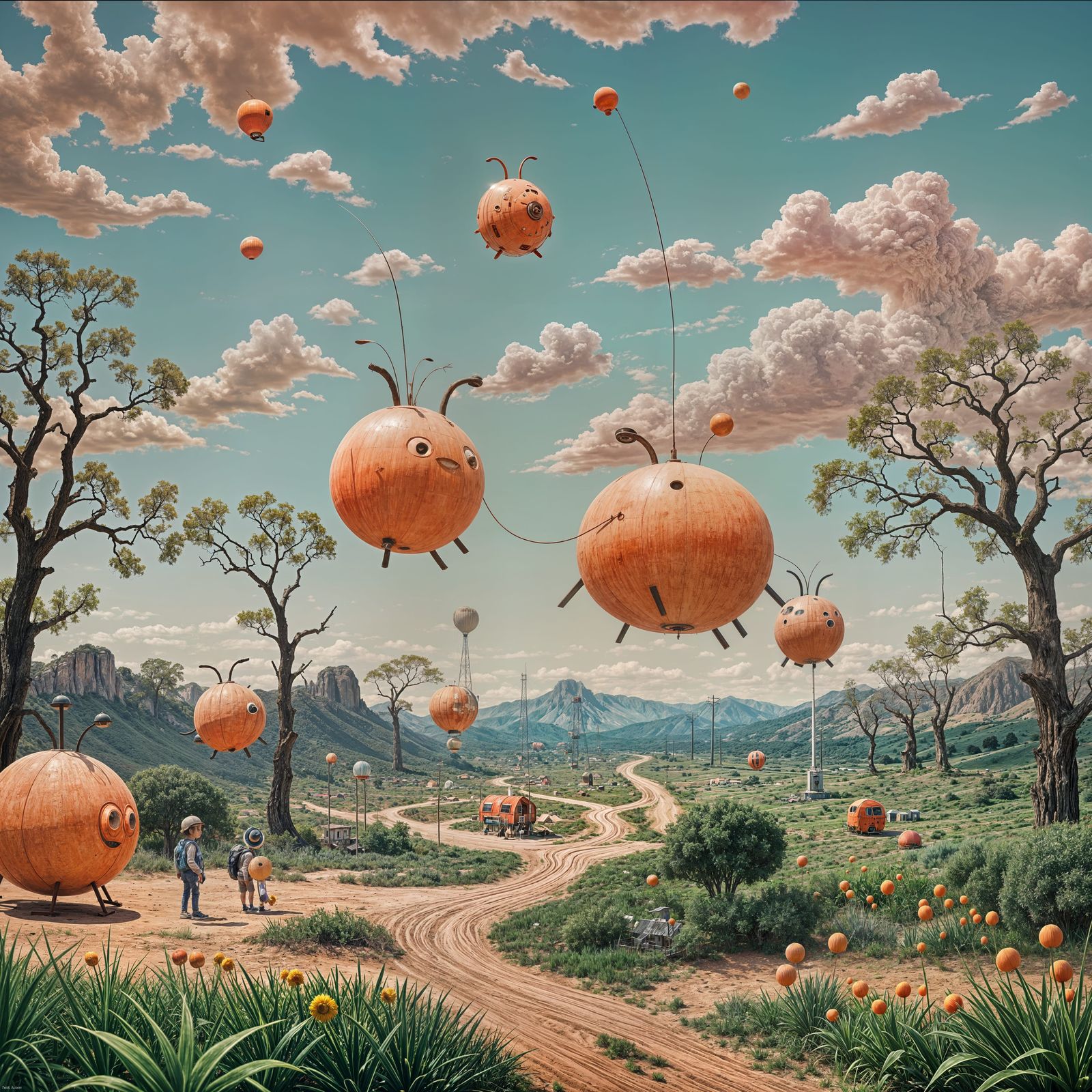 Whimsical Martian Gas Station with Fluffy Creatures