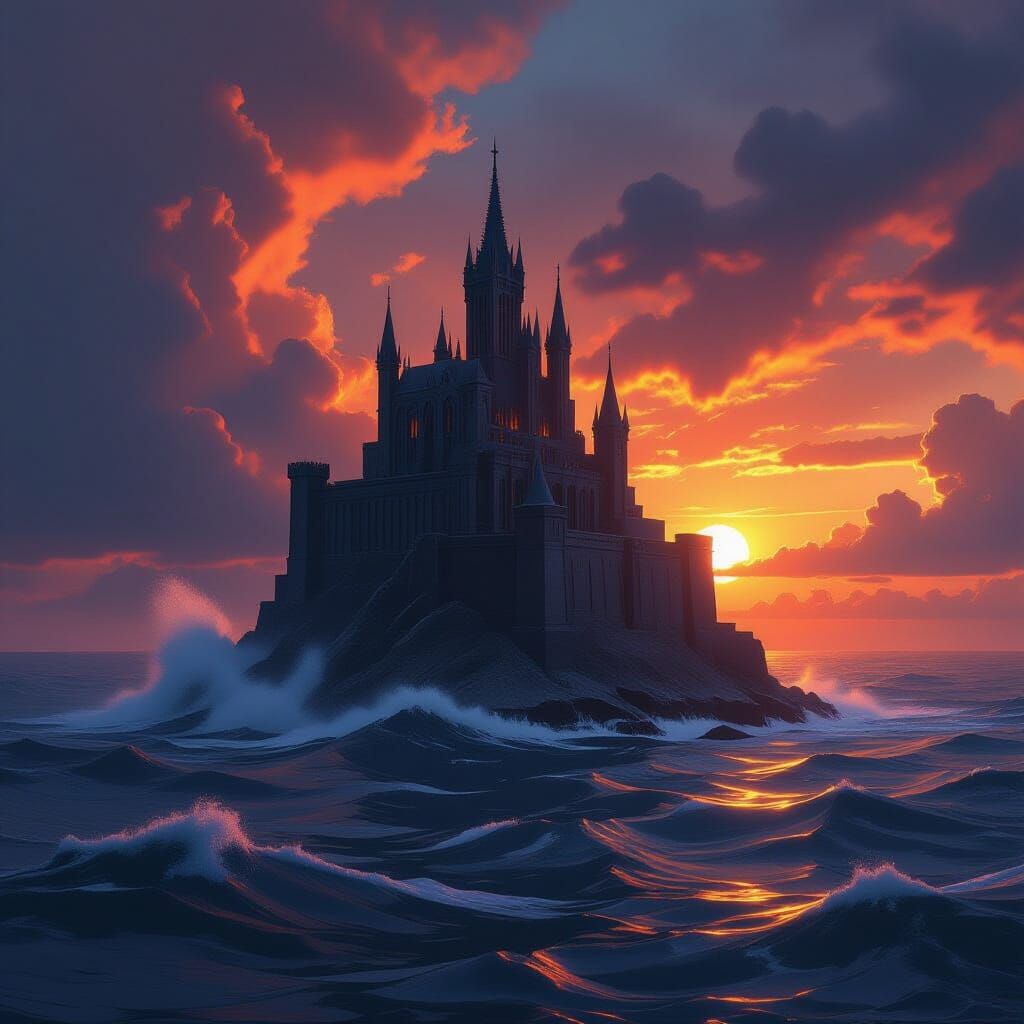Gothic Fortress on Island During Stormy Orange Sunset
