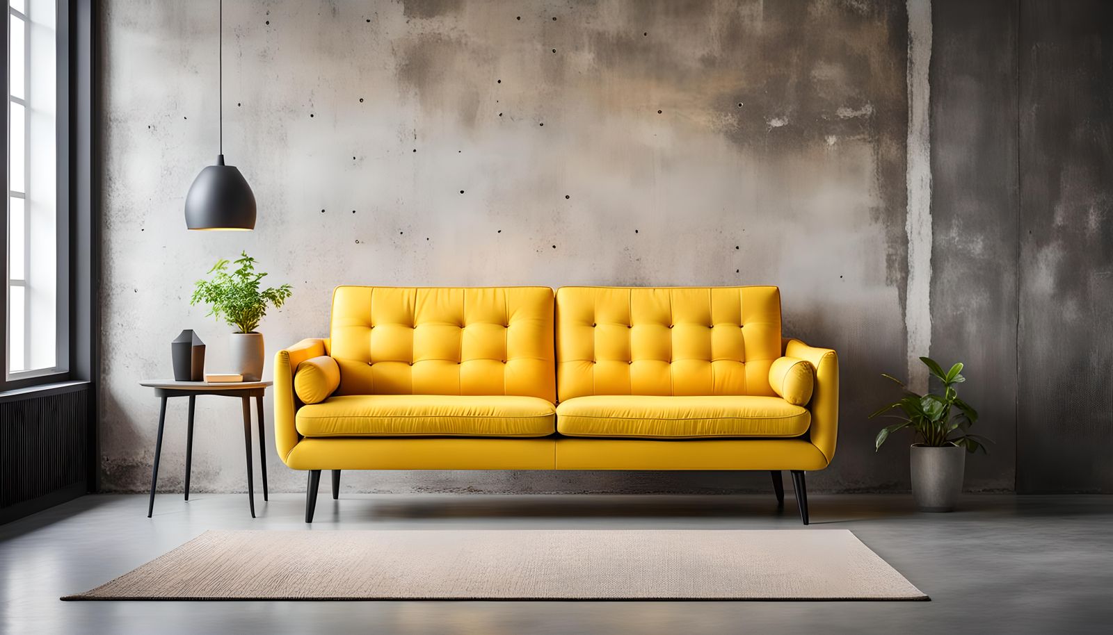 Yellow Sofa in Scandinavian Loft with Bokeh
