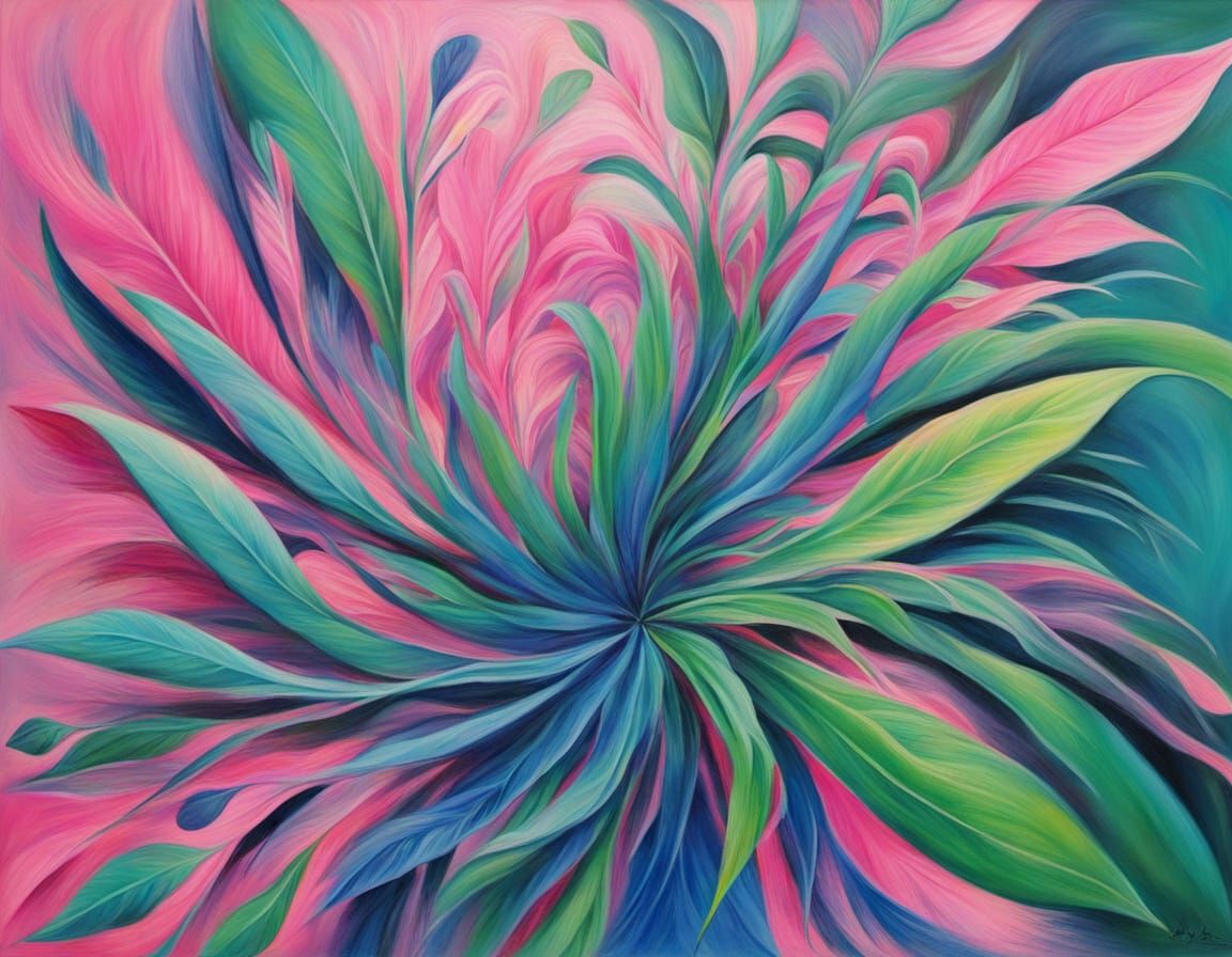 Abstract Surrealism Painting of Pink Palm Leaves and Kangaro...