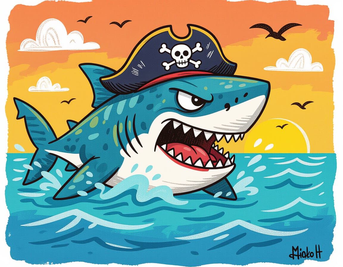 Angry Pirate Shark Cartoon Drawing