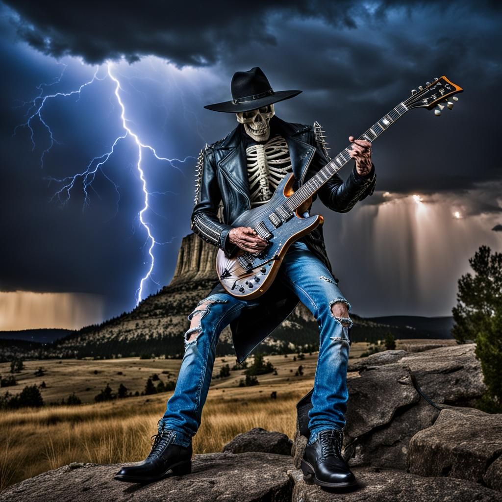 Skeleton Guitarist on Devil's Tower in a Storm
