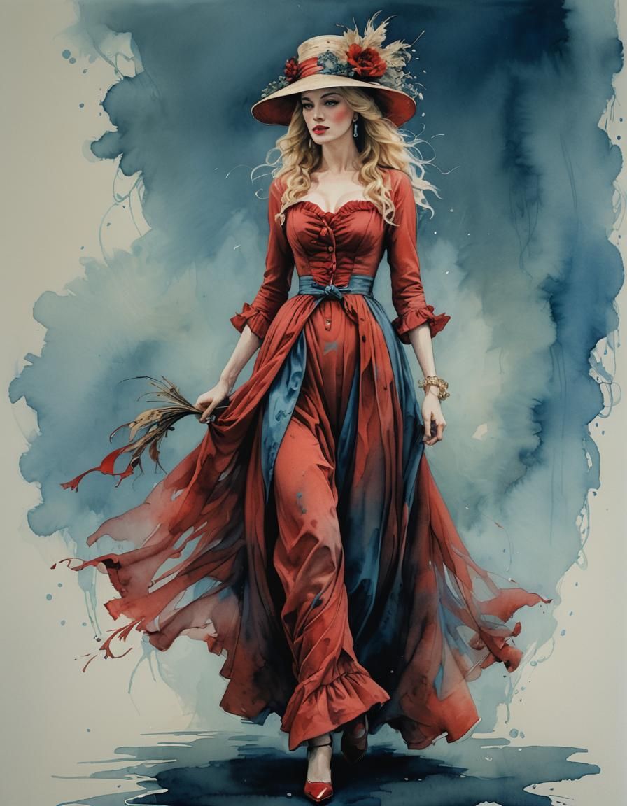 Image of a woman from the 1700s with blonde hair, hat, weari...