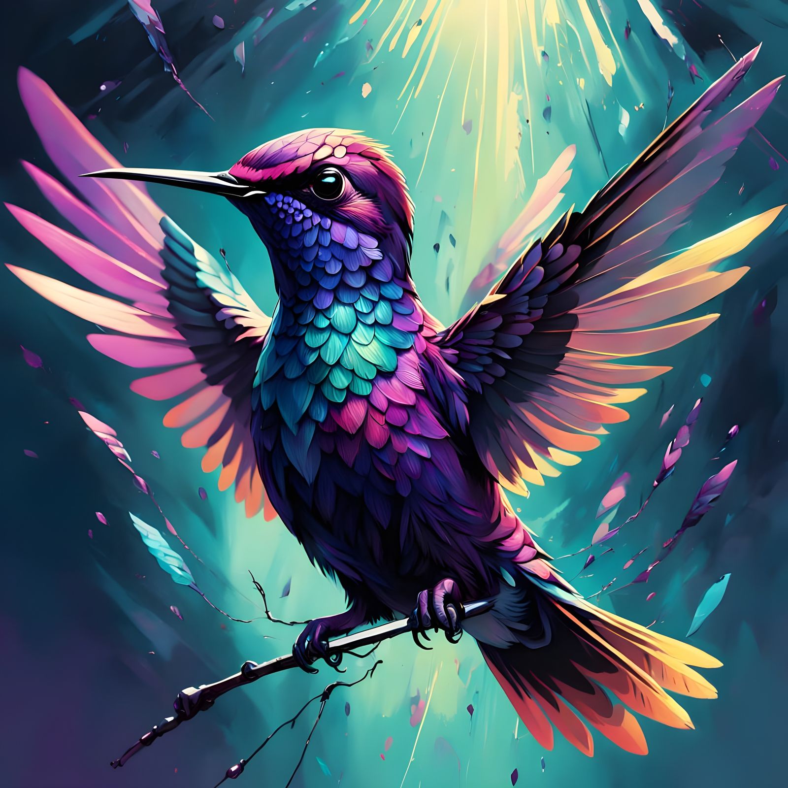 Glimmering Metallic Hummingbird in Deep Purples and Blues