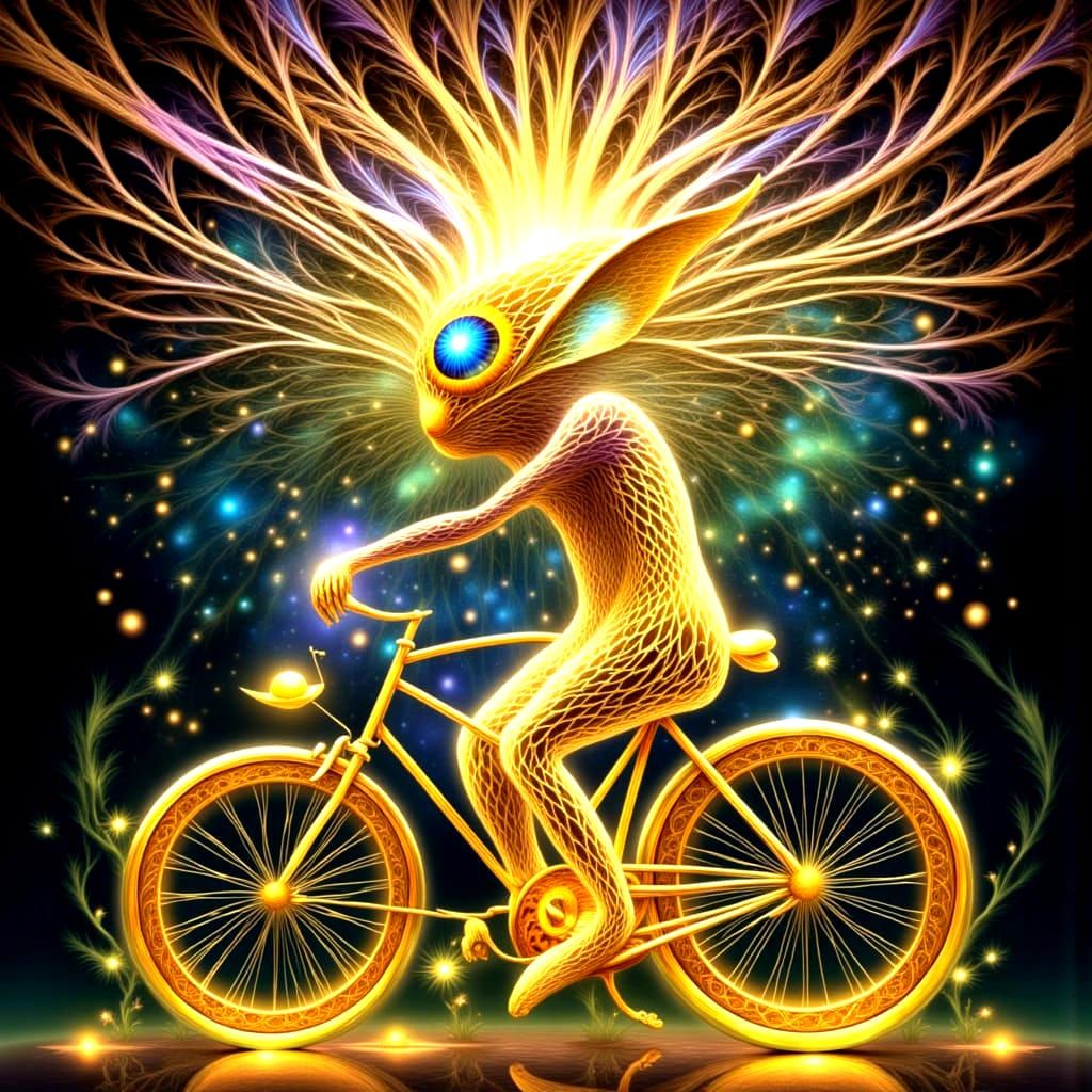 Ethereal Creature Rides Bicycle Through Radiant Mandalas