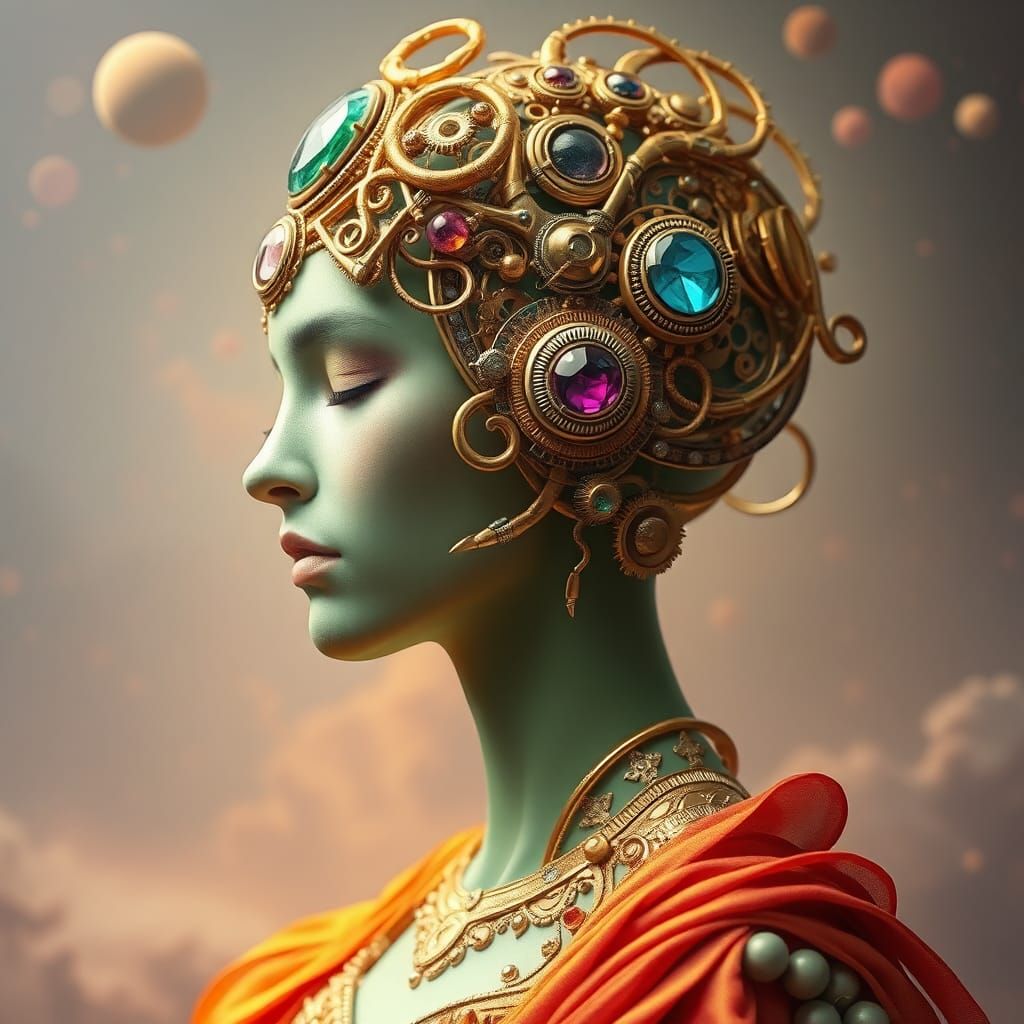 Cosmic Woman with Gemstones in Digital Art Style