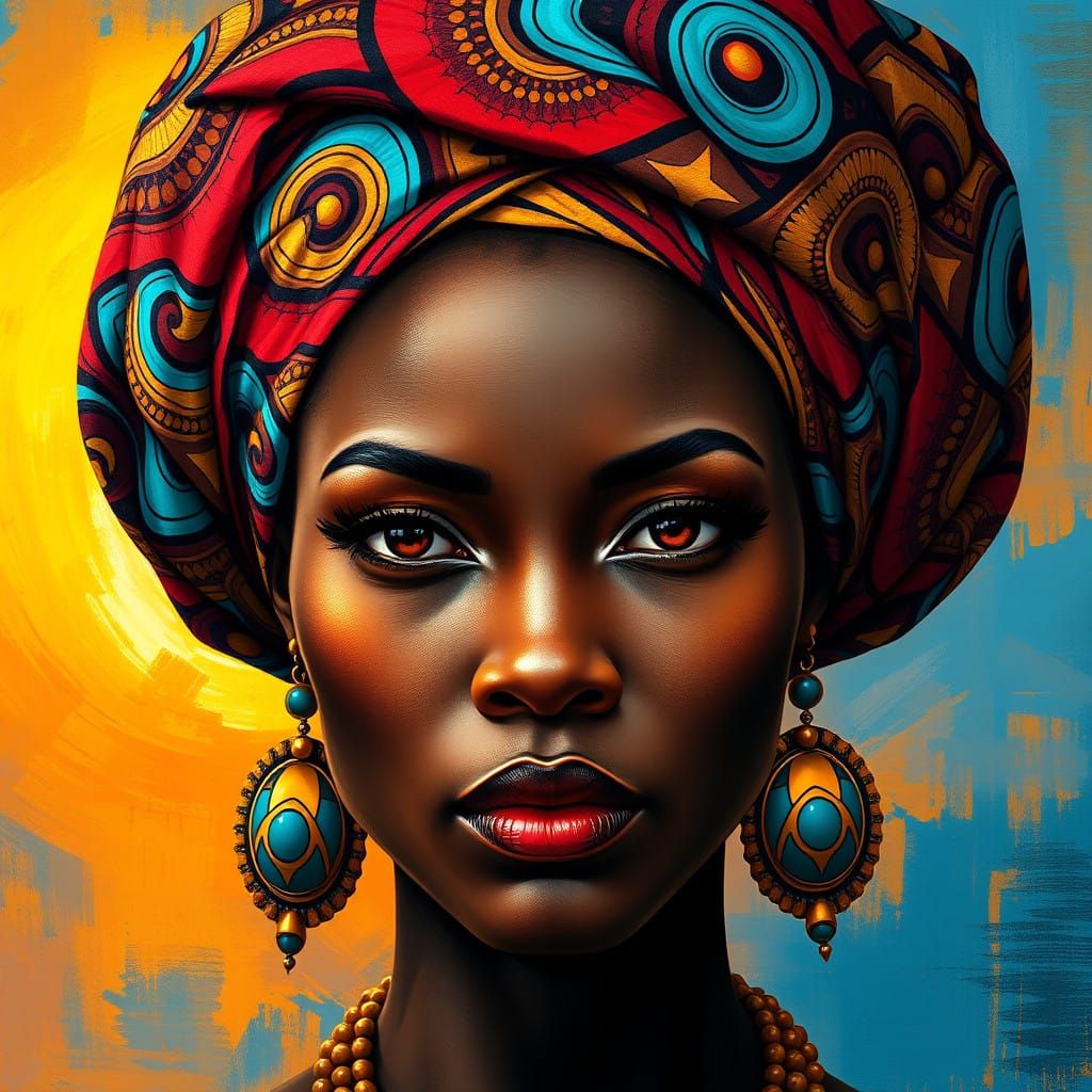 Regal Black Woman with Vibrant Headwrap in Sunset-Inspired F...