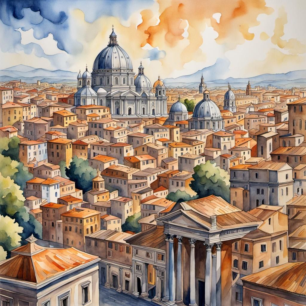 Magnificent Watercolor Cityscape of Rome