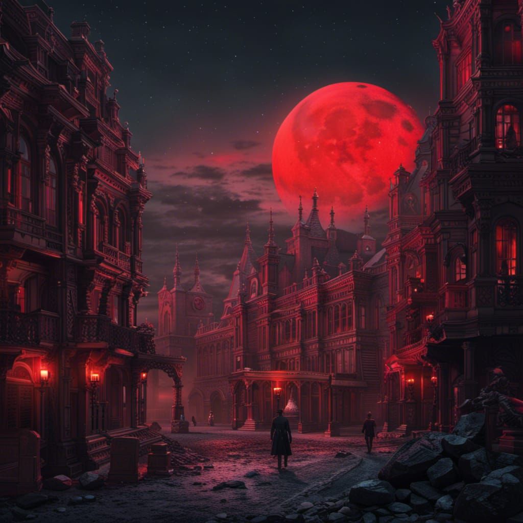 Dramatic Murder Scene Under Scarlet Moon