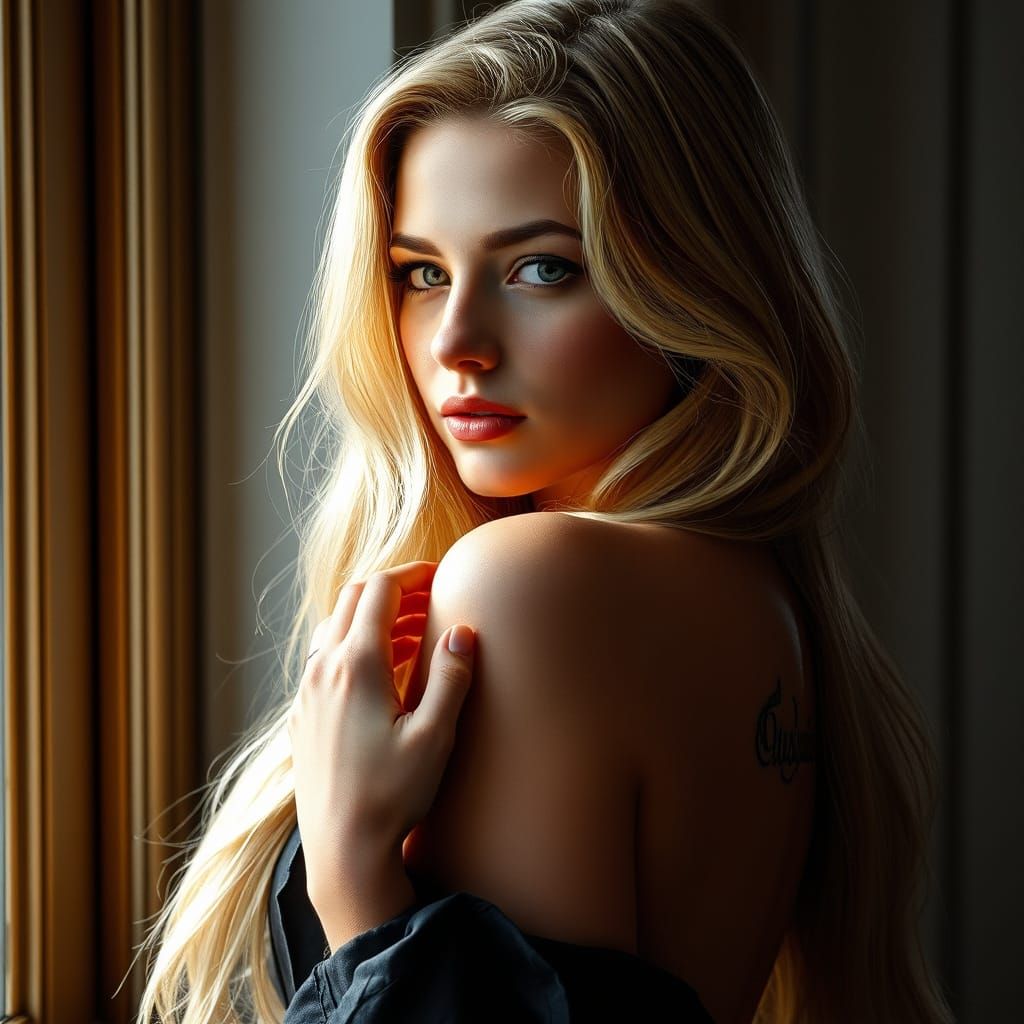 Elegant Blonde Woman with Golden Hair in Dramatic Lighting