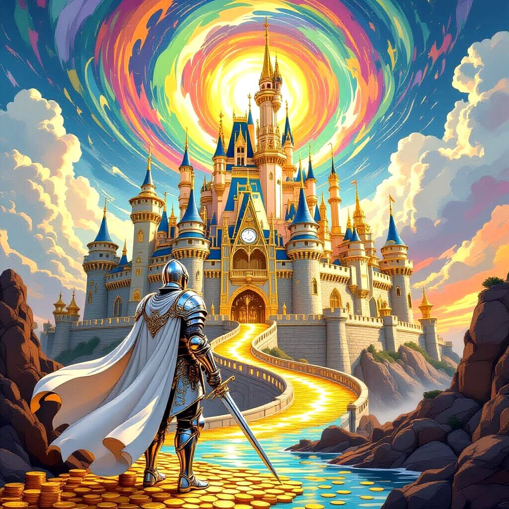 Knight Before Golden Castle with Molten Gold Rivers
