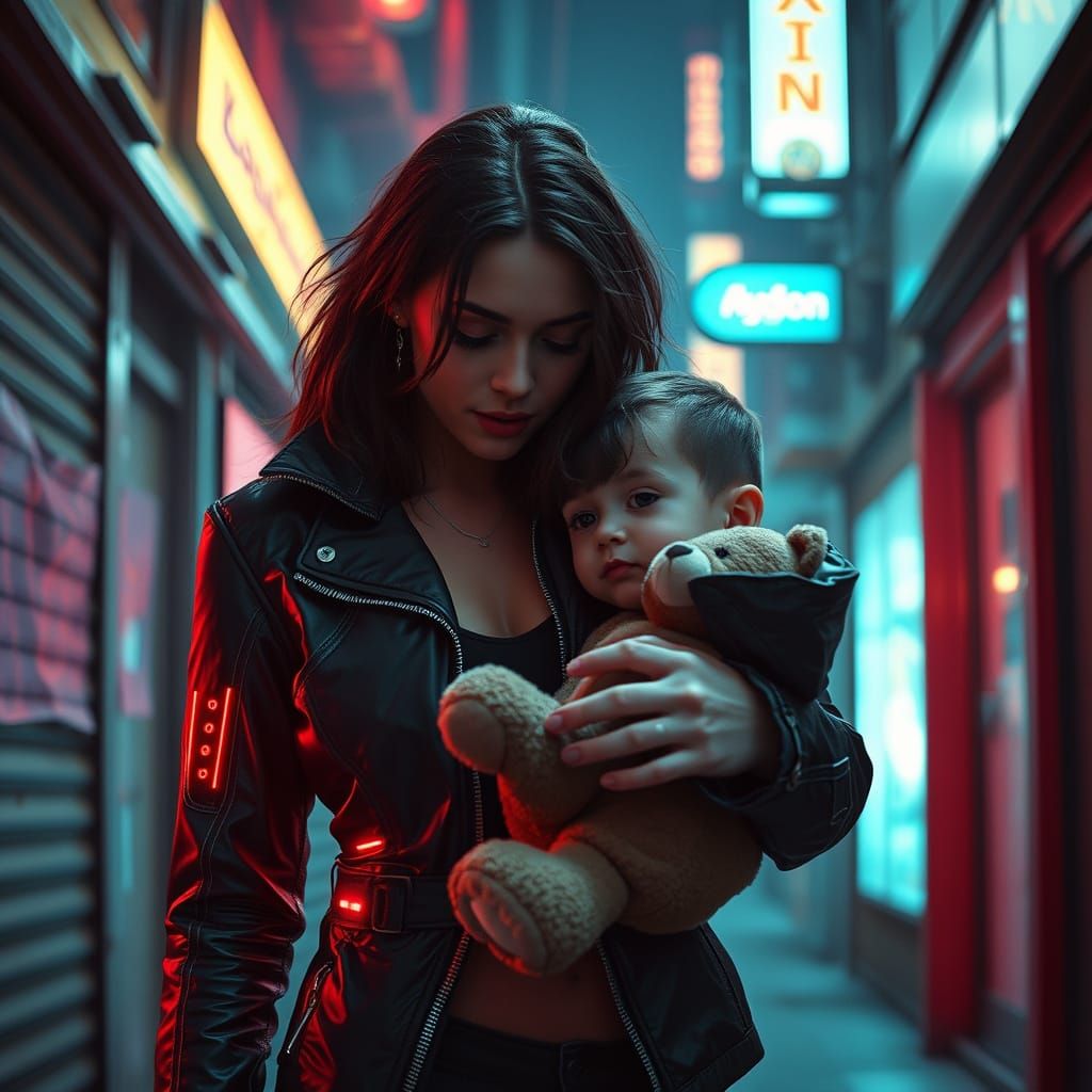 Cyberpunk Mother Shields Child from Dystopian City in Neon-L...