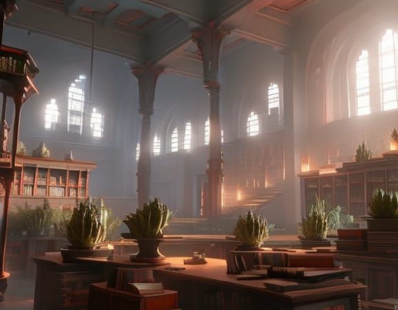 Grand Library with Books and Plants in Fantasy Art Style