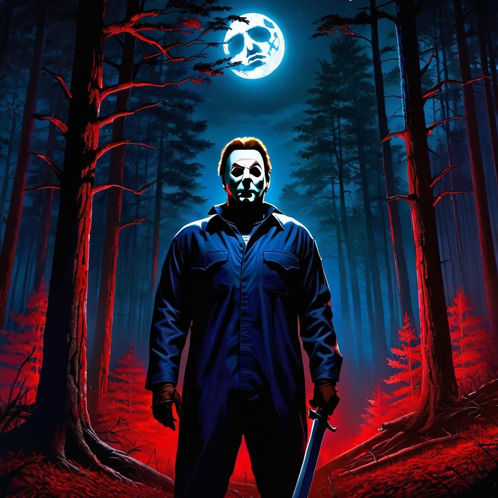 Michael Myers in a Dark Forest Under Moonlight