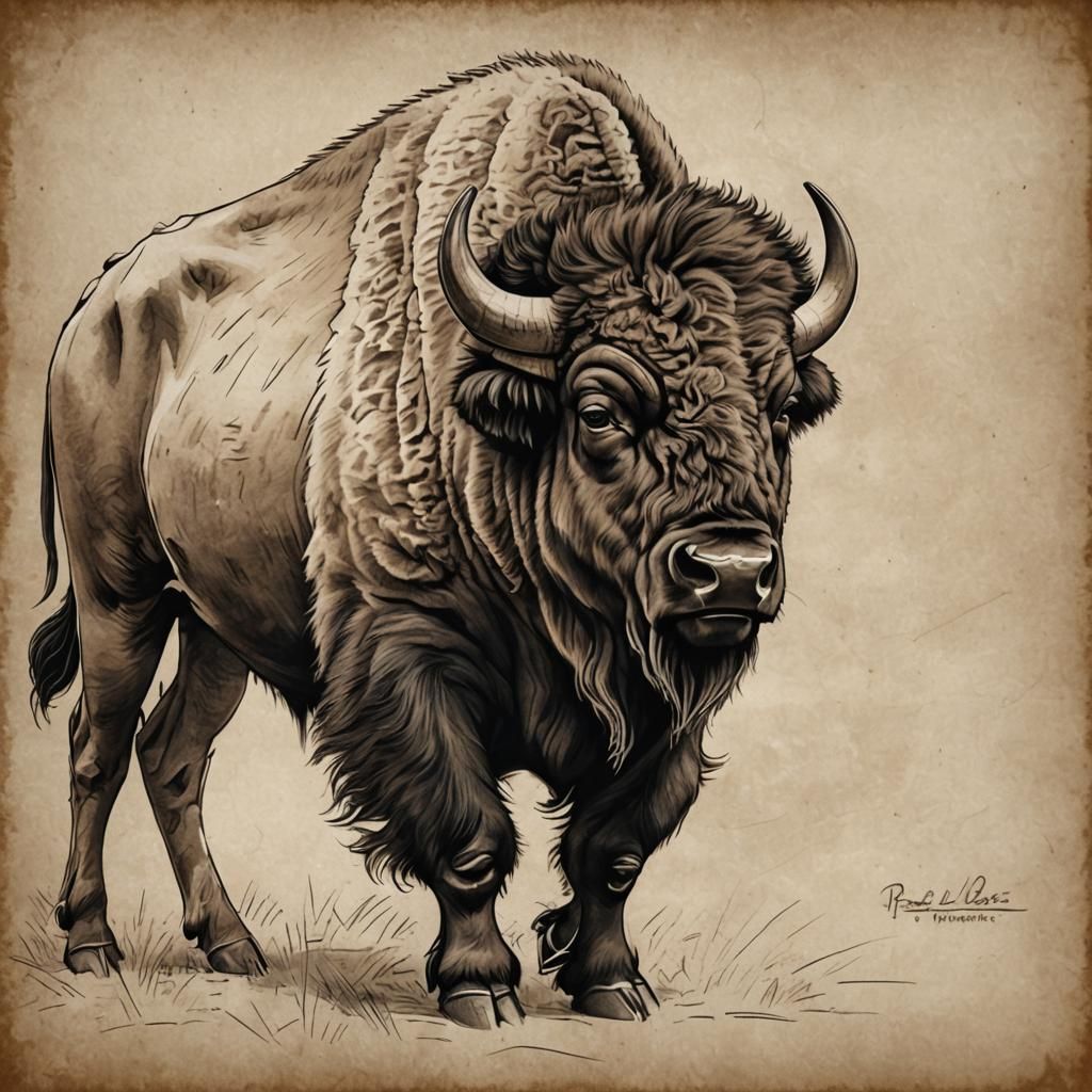 Monochrome Bison Sketch on Parchment Paper