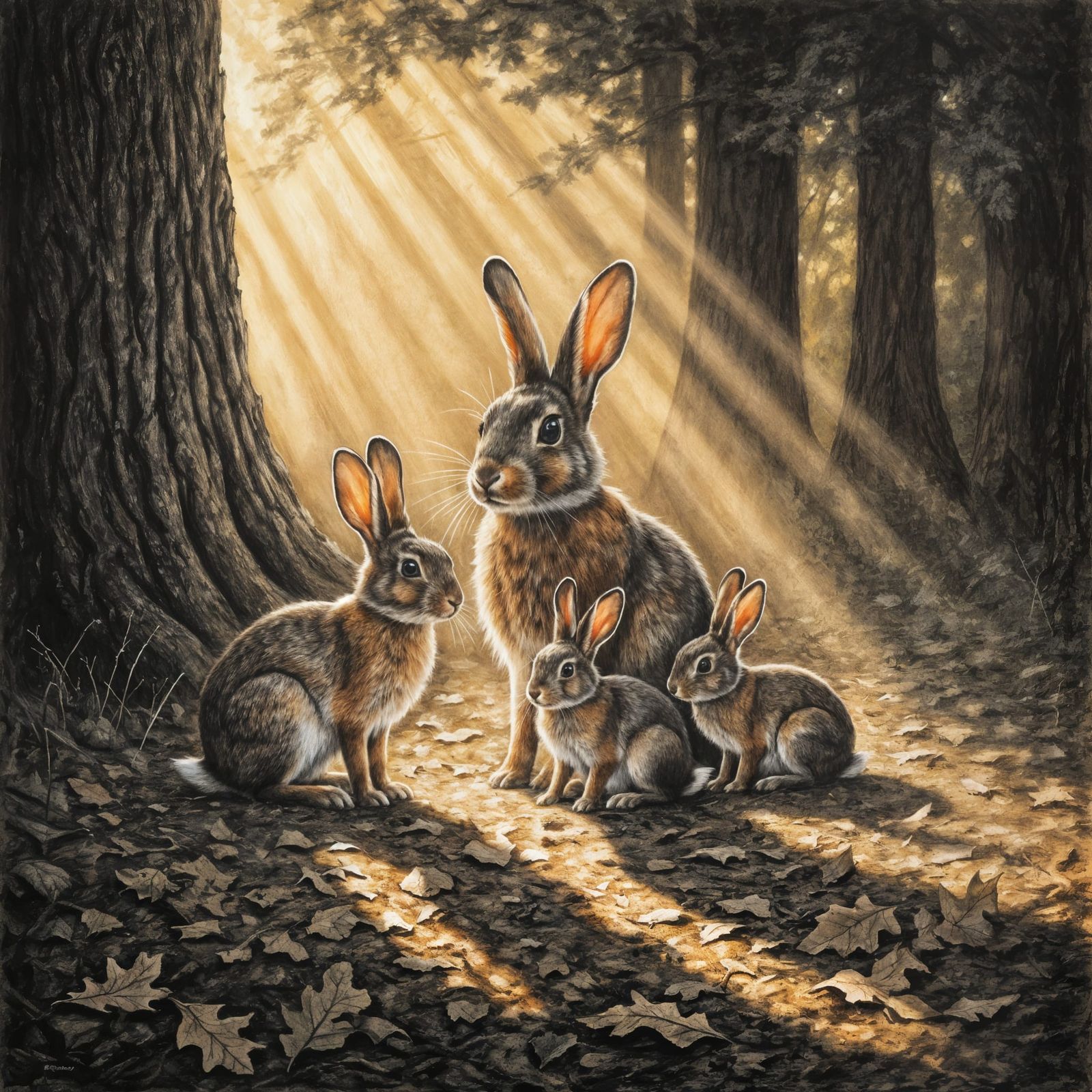 Expressive Charcoal Art of Rabbits in Enchanted Forest