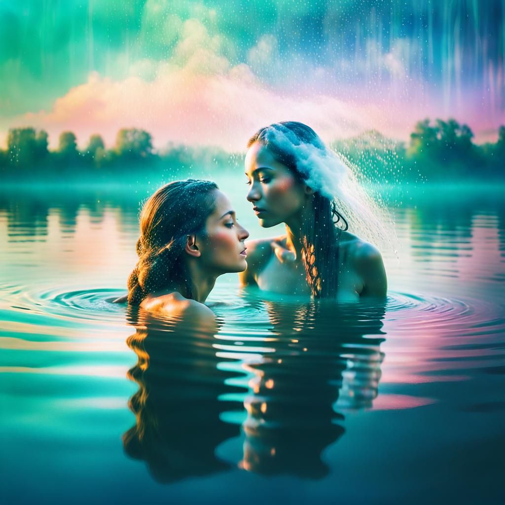 Ethereal Double Exposure: Ladies Bathing in Dreamlike Lake