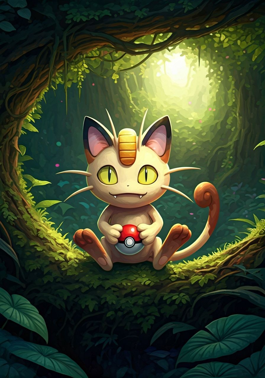 Meowth in Lush Tree: Matte Painting Style