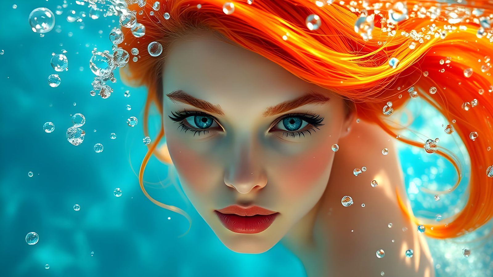 Hyperrealistic Mermaid Woman Submerged in Vibrant Ocean