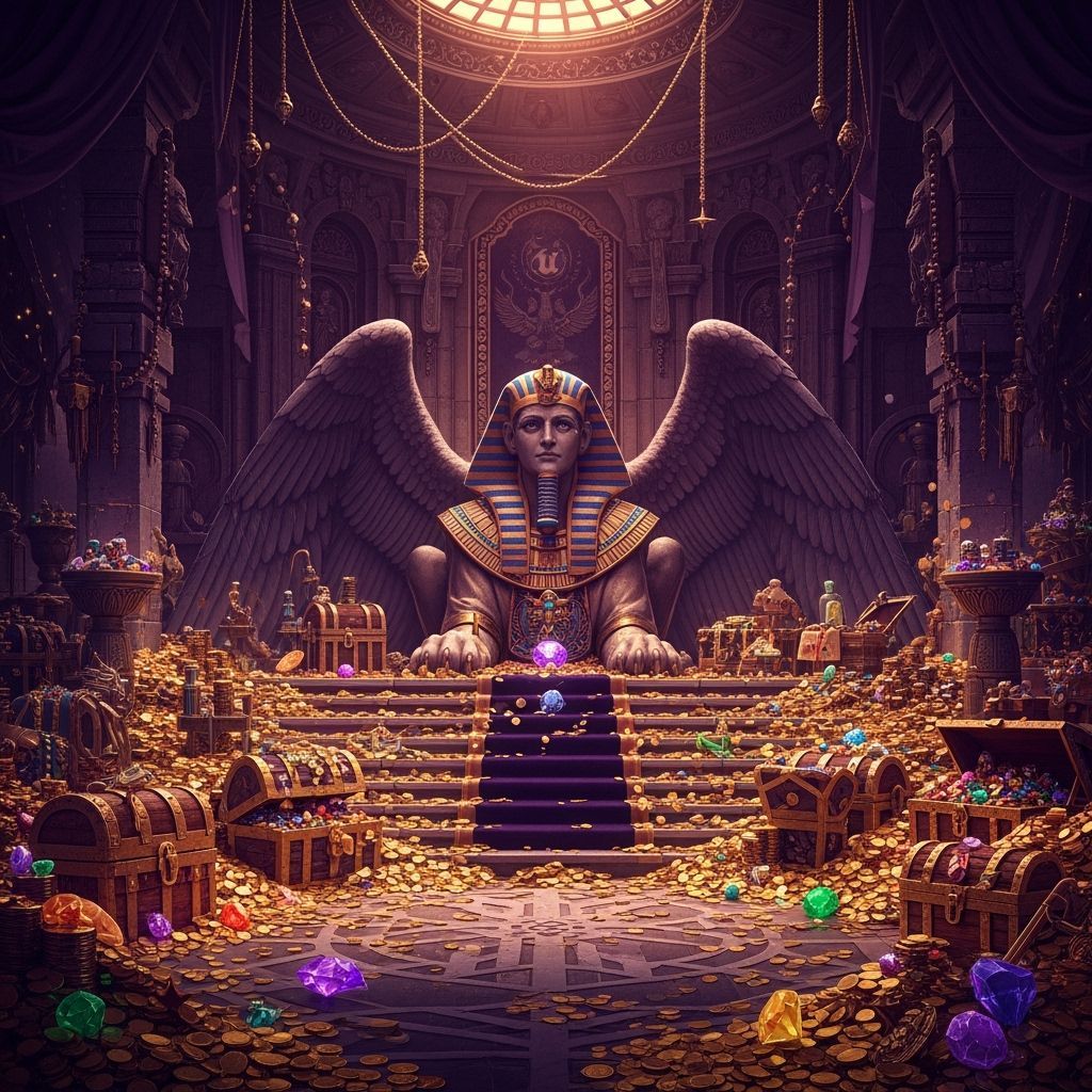 Majestic Sphinx Guarding Temple Treasure in Dark Fantasy Art