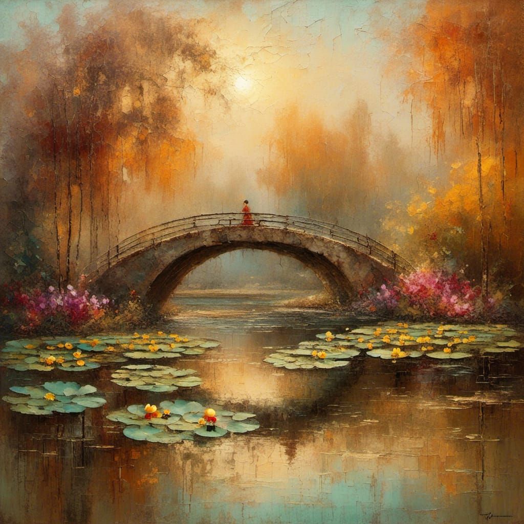 Lotus Pond Bridge: Impressionist Oil Painting in Golden Ligh...