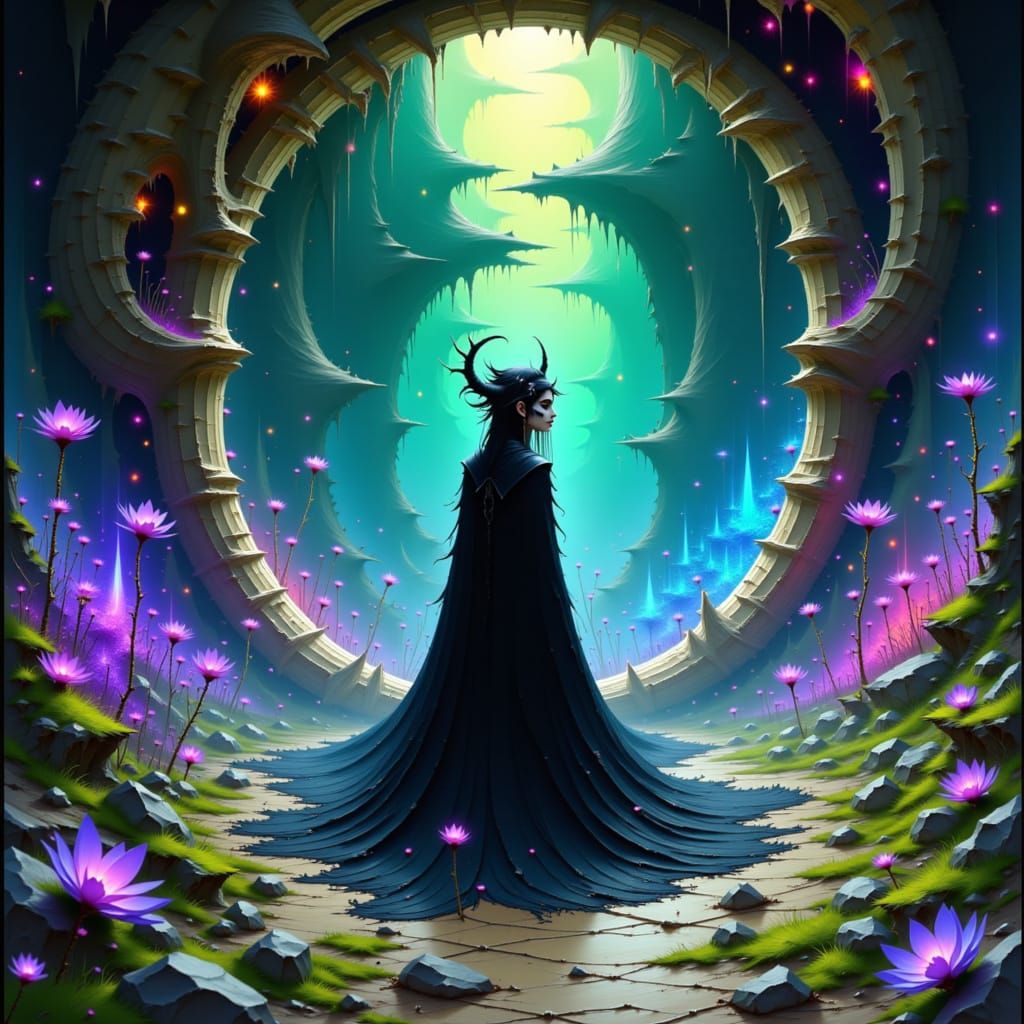 Mystical Shaman at Elemental Stargate in Gothic Landscape