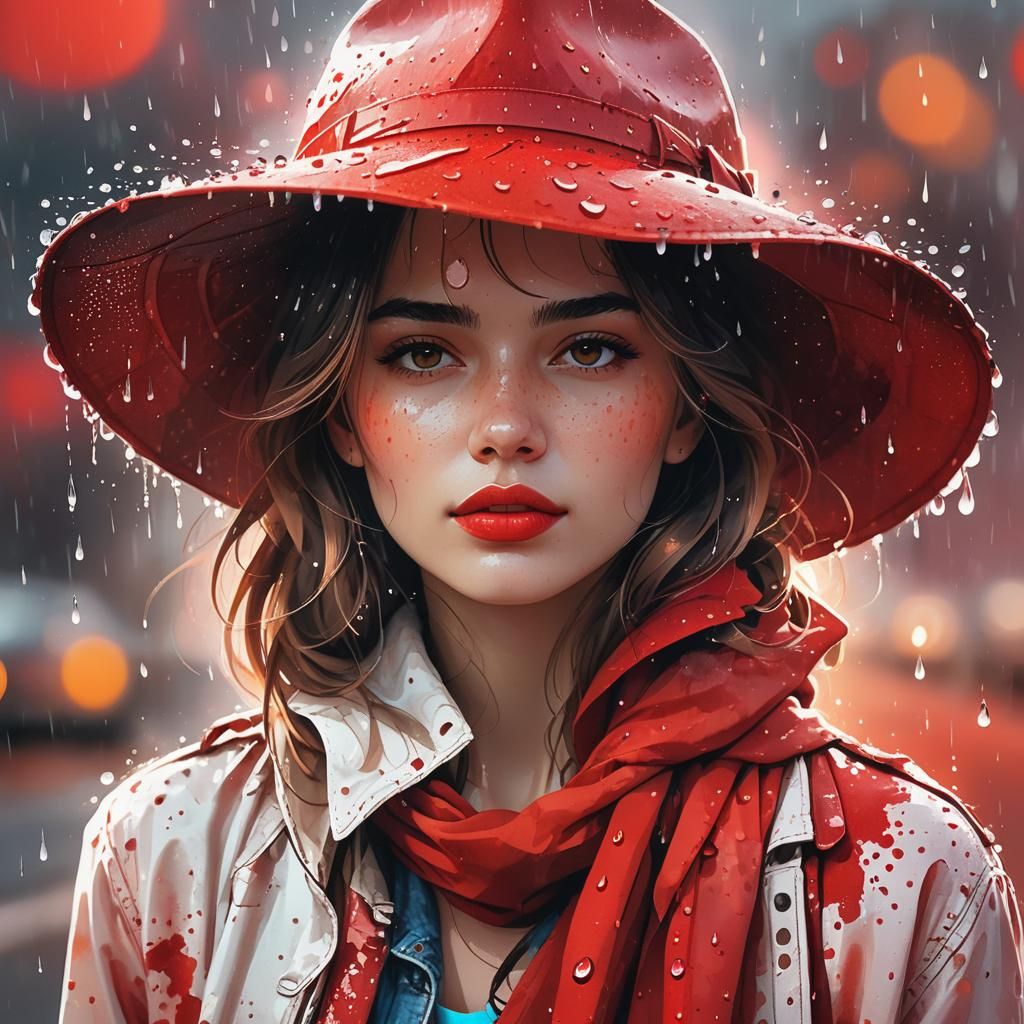 Woman with Raindrops: Sunset Minimalism in Watercolor Collag...