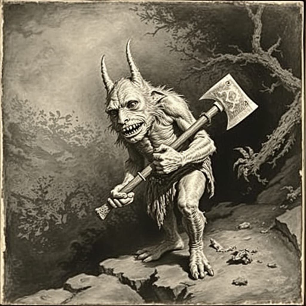 Hobgoblin with Axe in Crosshatch Etching Style