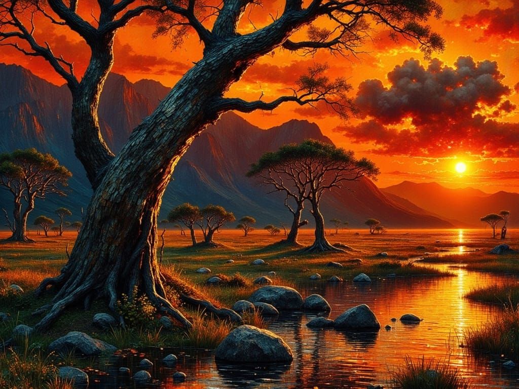 African Savanna Sunset Over Rippling Lake
