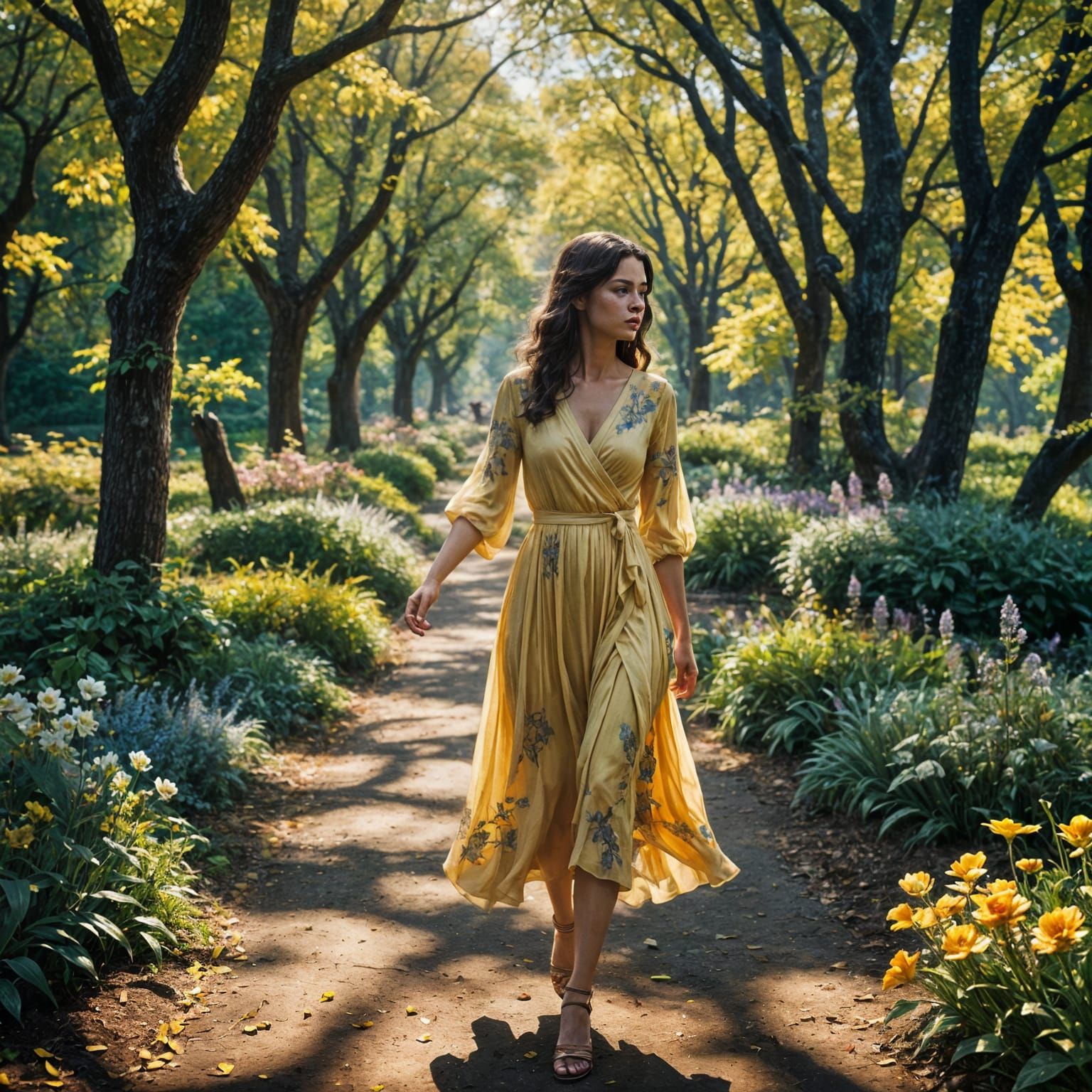 Woman in Yellow Dress Walking in Park, Detailed Digital Pain...