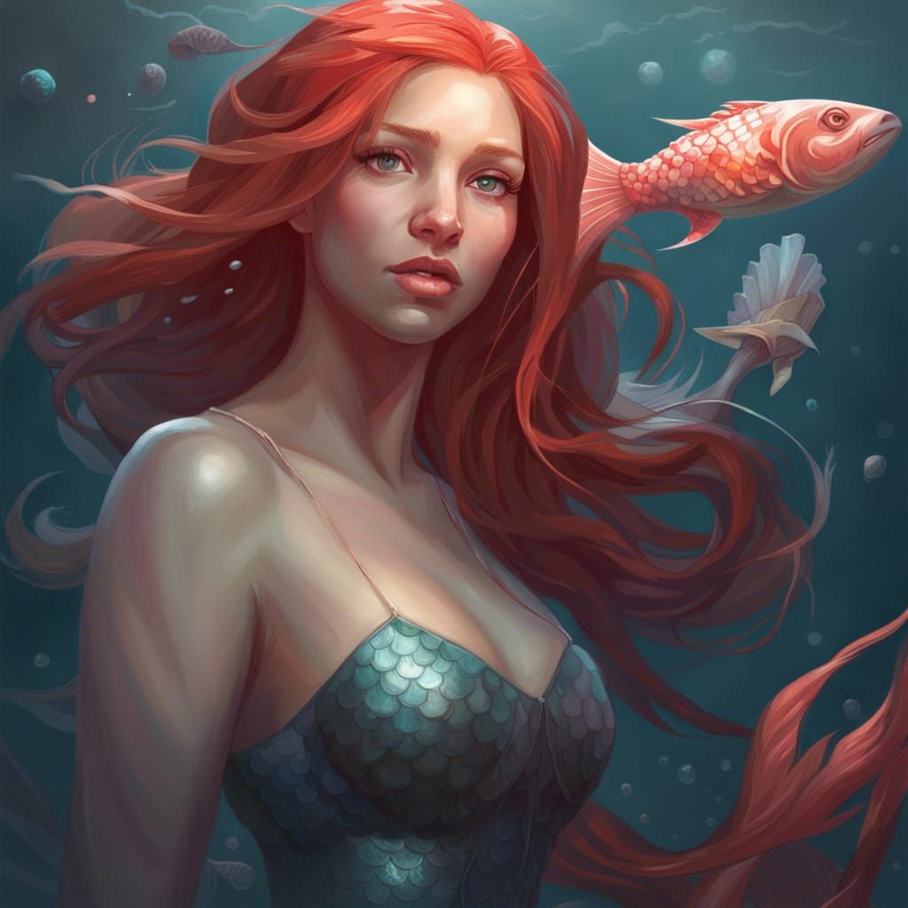 Mermaid with Red Hair in Ocean with Dead Fish