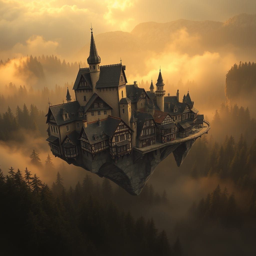 Sepia Bavarian Medieval Fantasy Town in Flight