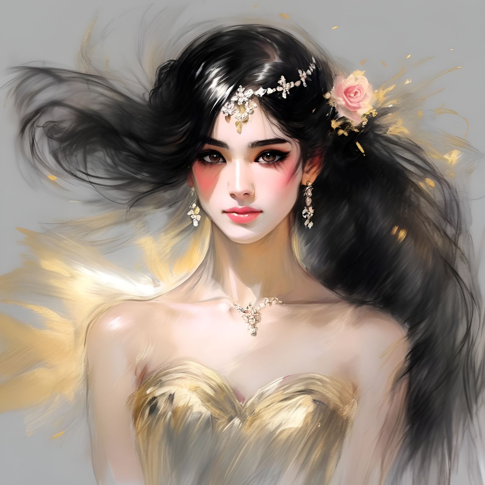 Anime Ballet Dancer in Golden Pastel Drawing