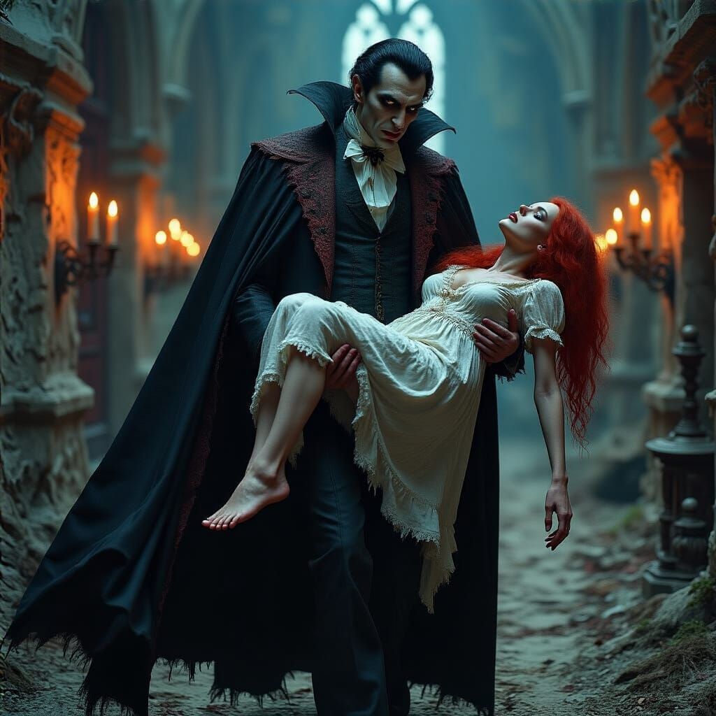 Dracula Carries Woman Through Castle, Hyperrealistic Style