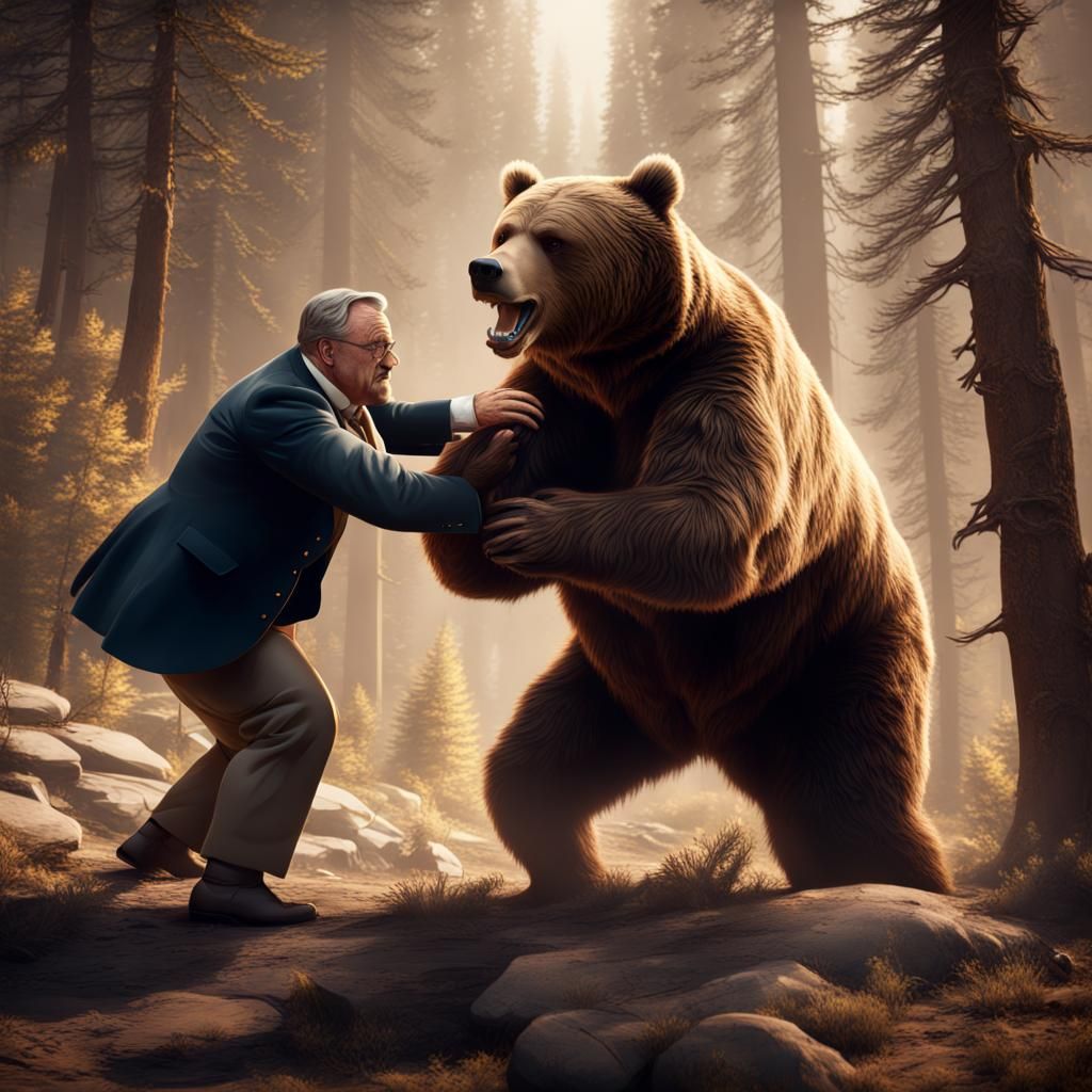 Theodore Roosevelt Wrestles Grizzly Bear in Detailed Matte P...