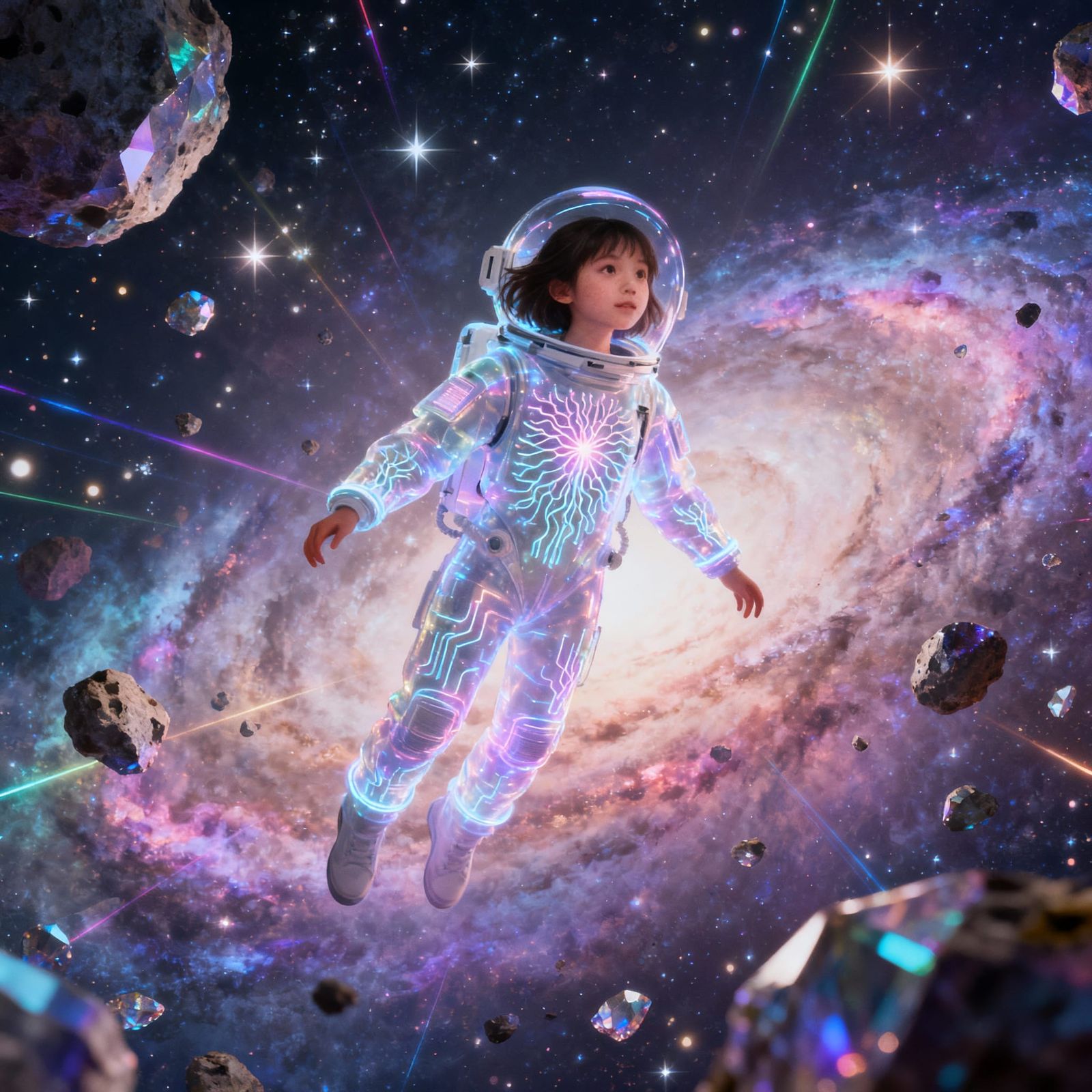 Surreal Girl in Space with Glowing Stardust