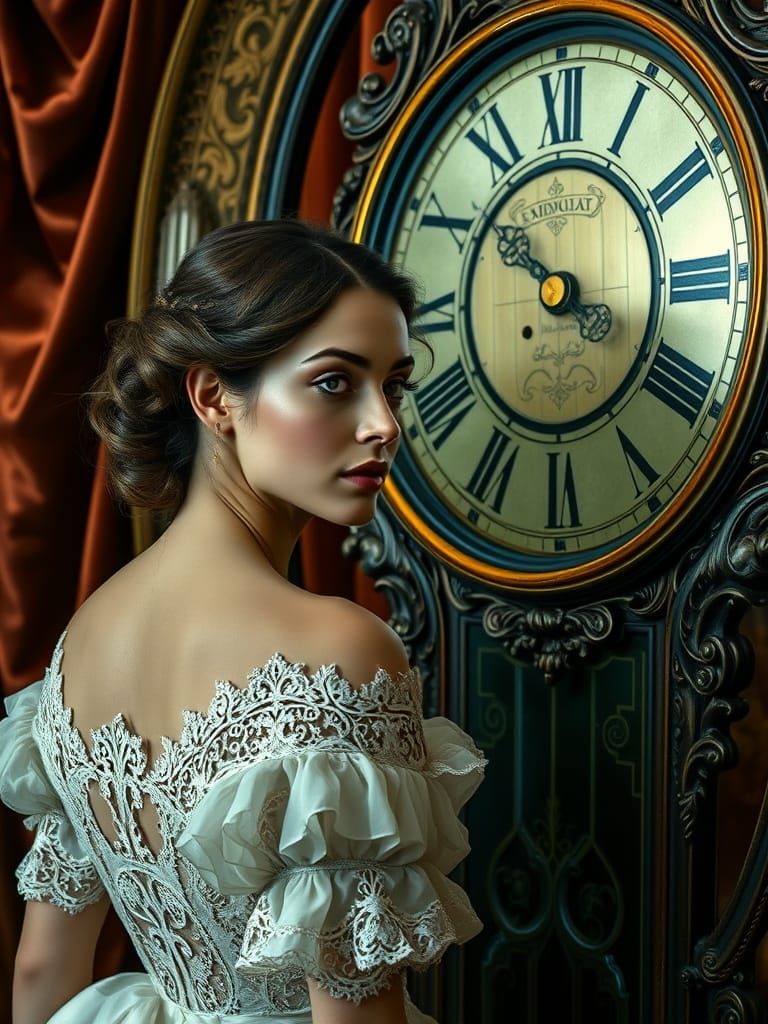 Elegant Victorian Beauty Approaches Antique Clock in Lavish ...