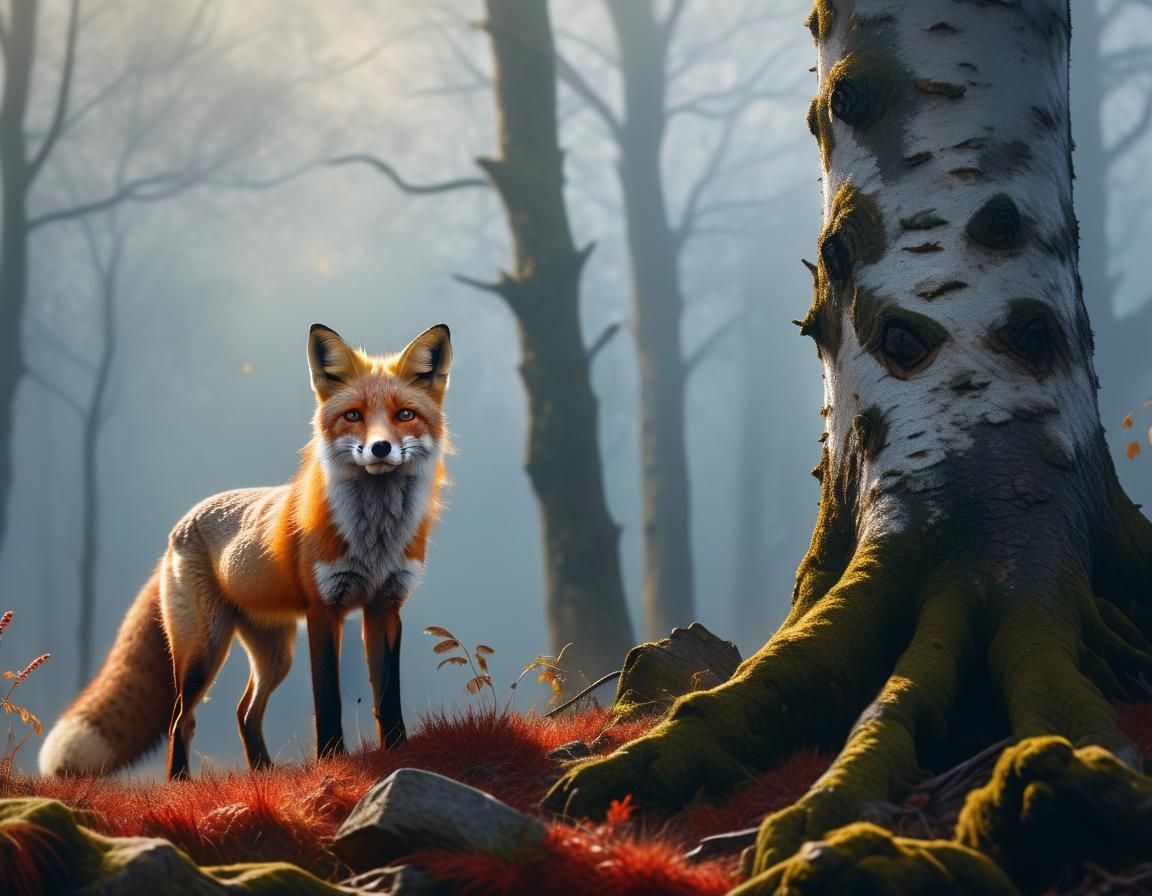 Red Fox in Misty Forest, Photorealistic Wildlife