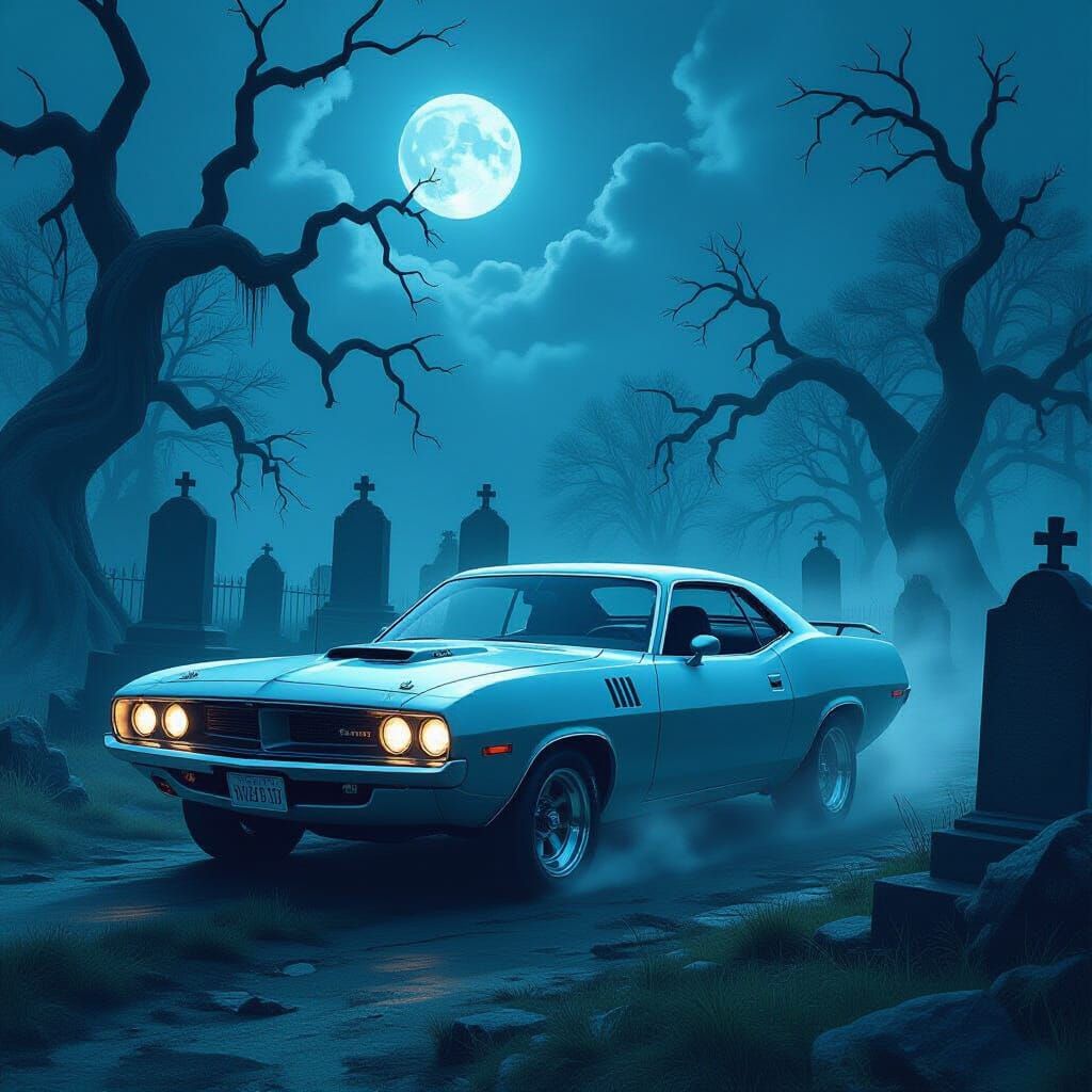 Ghostly 1970 Barracuda Haunts Moonlit Graveyard